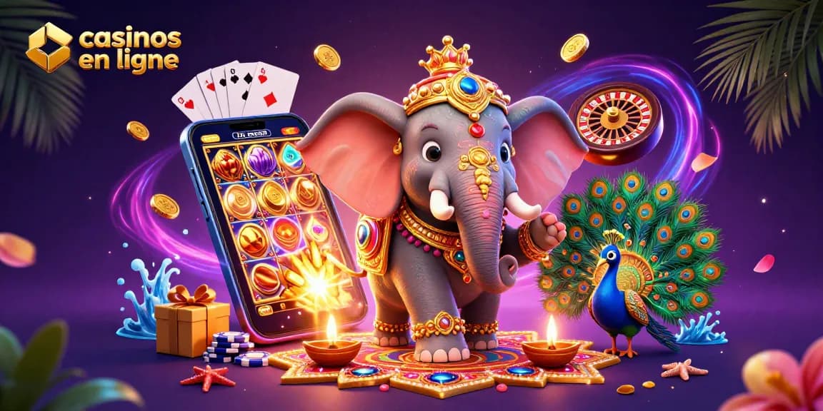 Profitez des casinos en ligne avec un éléphant et un paon animés parmi des jeux colorés.
