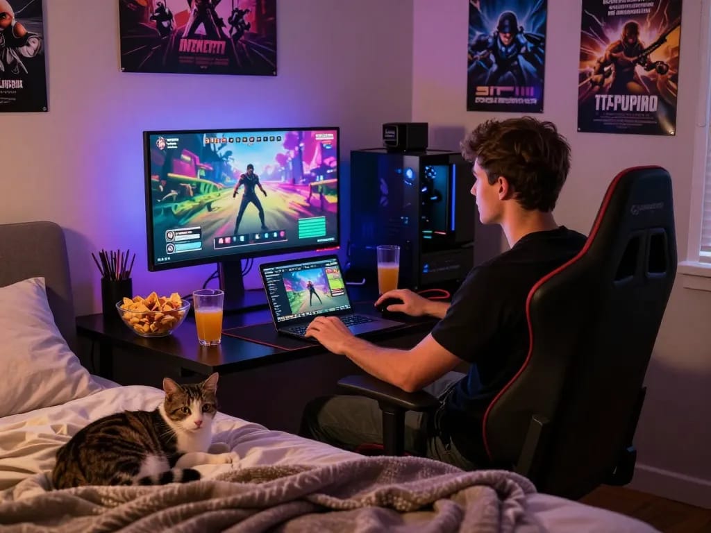 Play exciting porn games online in a cozy gaming setup with vibrant lighting.
