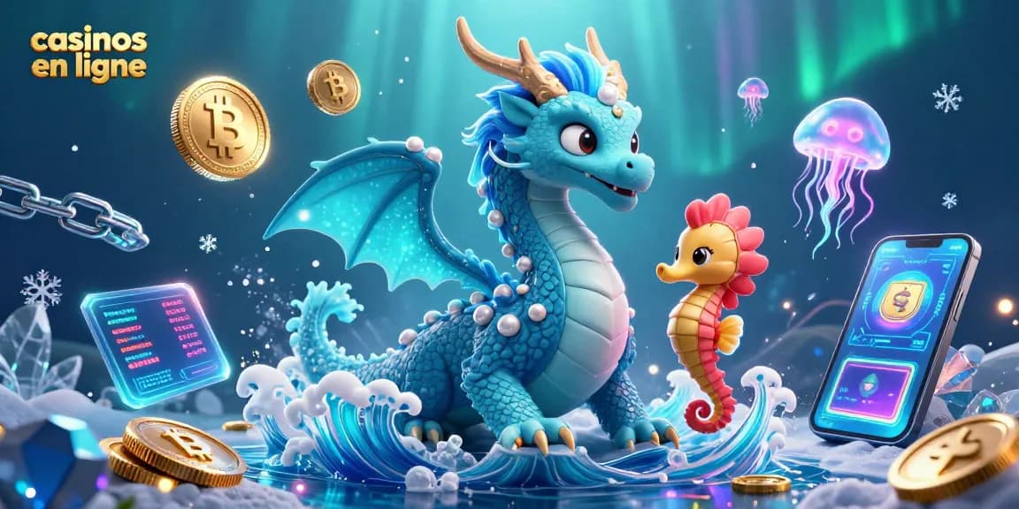 Plongez dans l'univers des casinos en ligne avec ce dragon azur, un chevalier hippocampe et des éléments de crypto-monnaies lumineux.