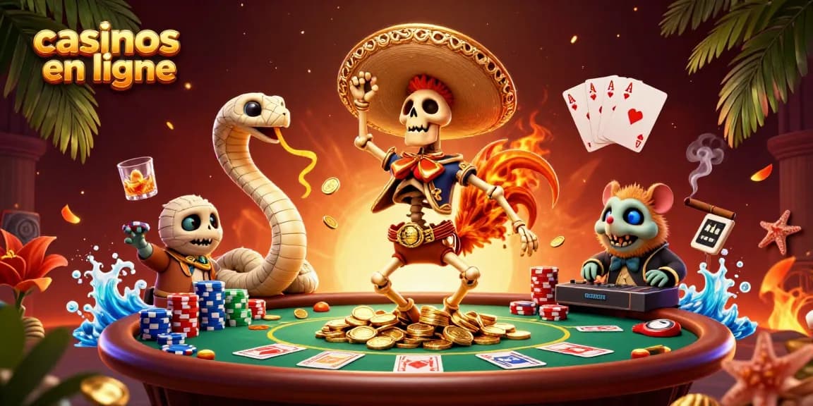 Plongez dans l'univers des casinos en ligne avec ce visuel vibrant mettant en scène un duo de personnages animés dans une fête de jeux extravagante.