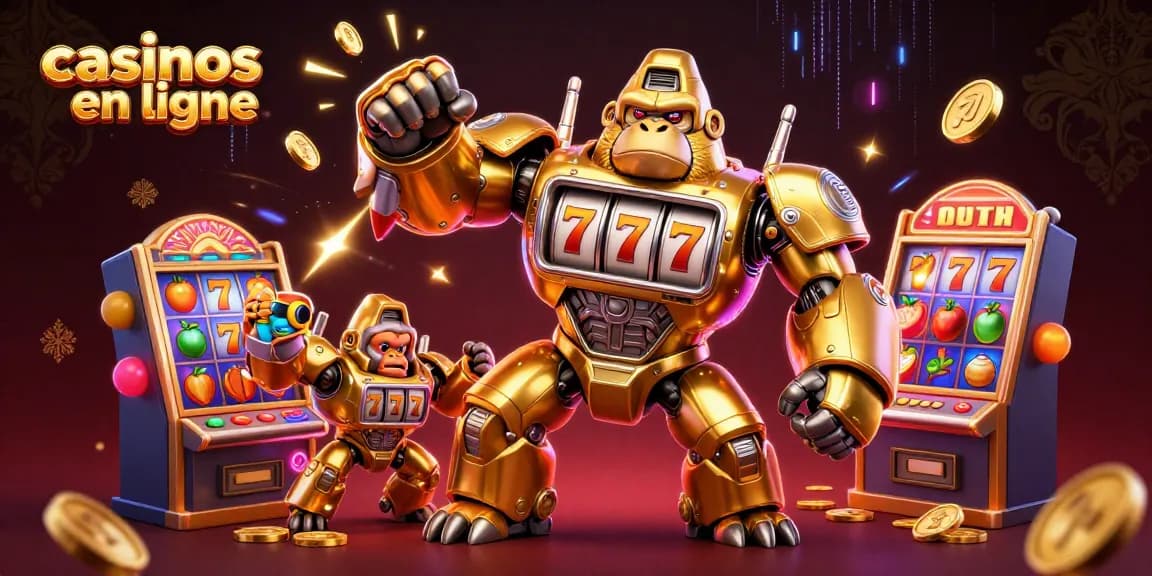 Illustration dynamique des casinos en ligne avec un gorille mech et des machines à sous riches en détails.