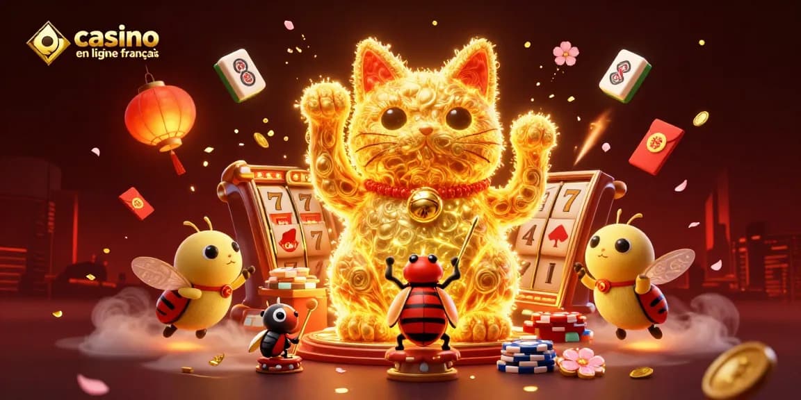 Plongez dans l'univers captivant de casino en ligne français avec des lucioles dorées créant un chat porte-bonheur.