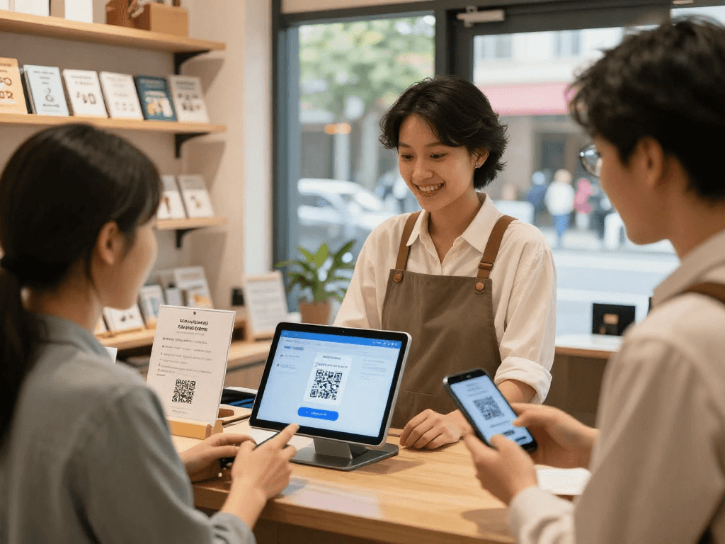 Digital loyalty application in action at a small business with customers scanning QR codes for rewards.