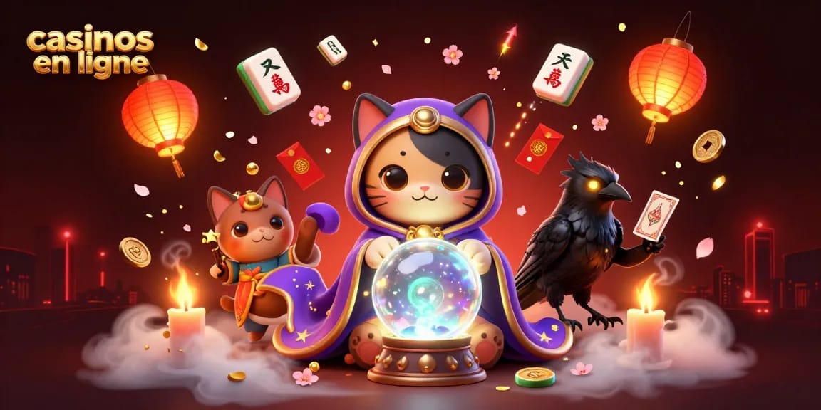 Illustration captivante de casinos en ligne avec chat mystique, corbeau et éléments de jeu animés.
