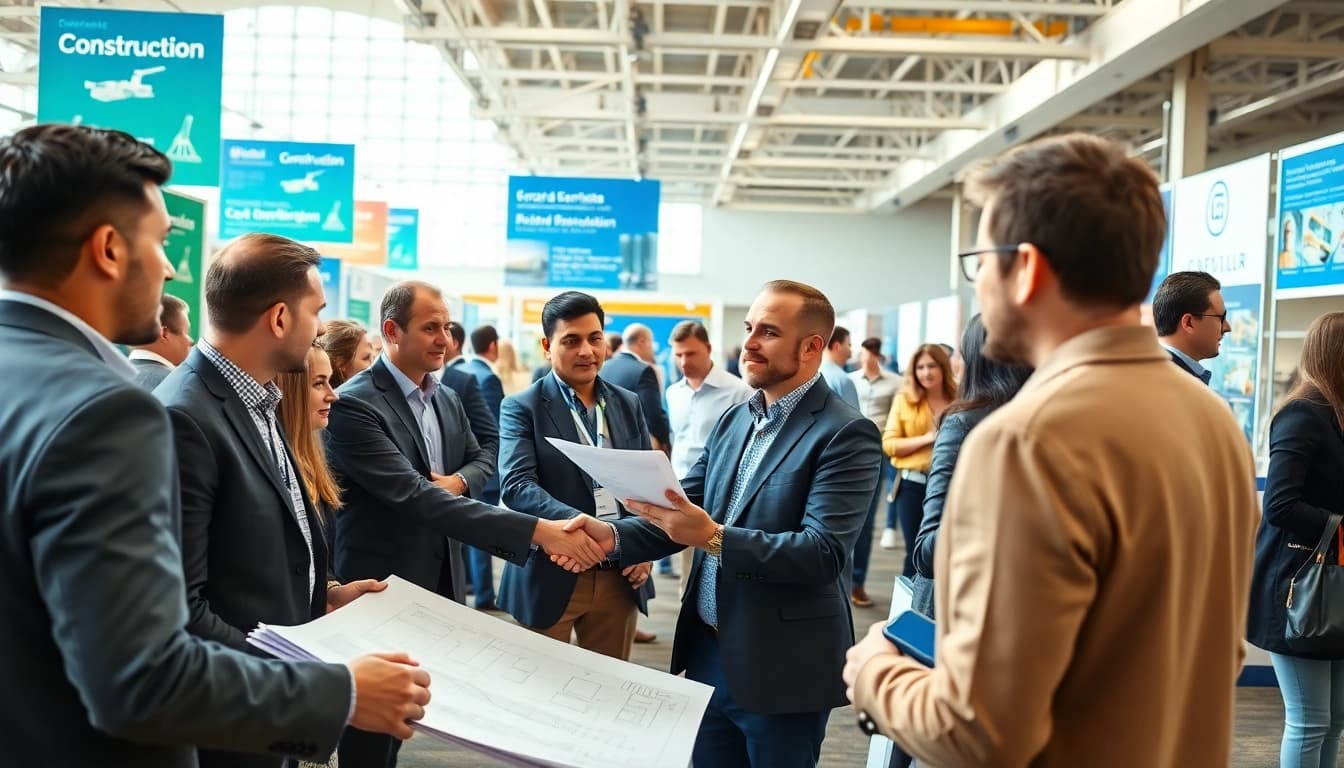 Engaged professionals at construction networking events interact and discuss industry innovations.