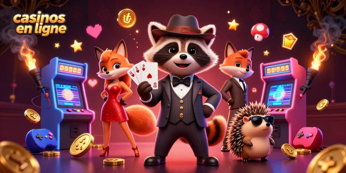 Découvrez les casinos en ligne avec notre illustration de personnages jouant et s'amusant dans un casino coloré.