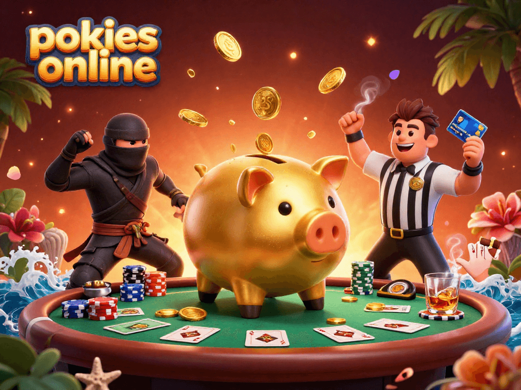 Experience thrilling pokies online with a vibrant scene of characters battling at a poker table.