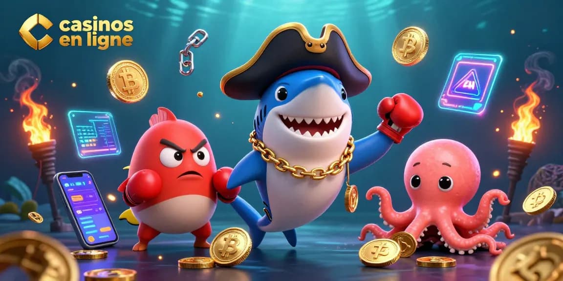 Plongez dans l'univers des casinos en ligne avec notre illustration colorée d'un requin pirate, un poisson-globe, et une pieuvre tenant des pièces d'or.