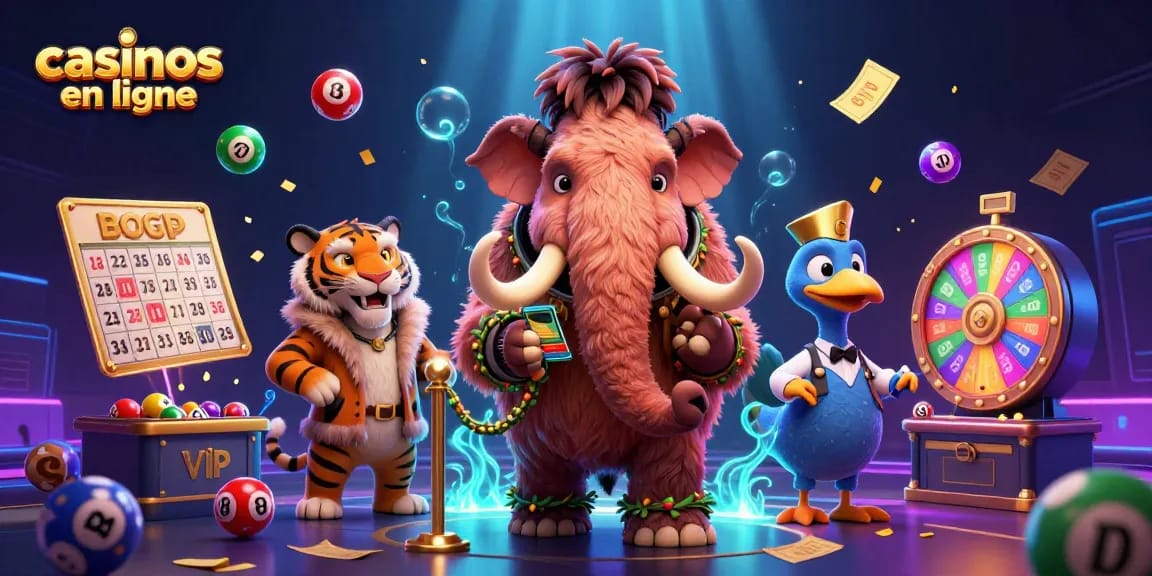 Scène dynamique de casinos en ligne avec un gardien mammouth, un tigre VIP, et une perruche doorman.