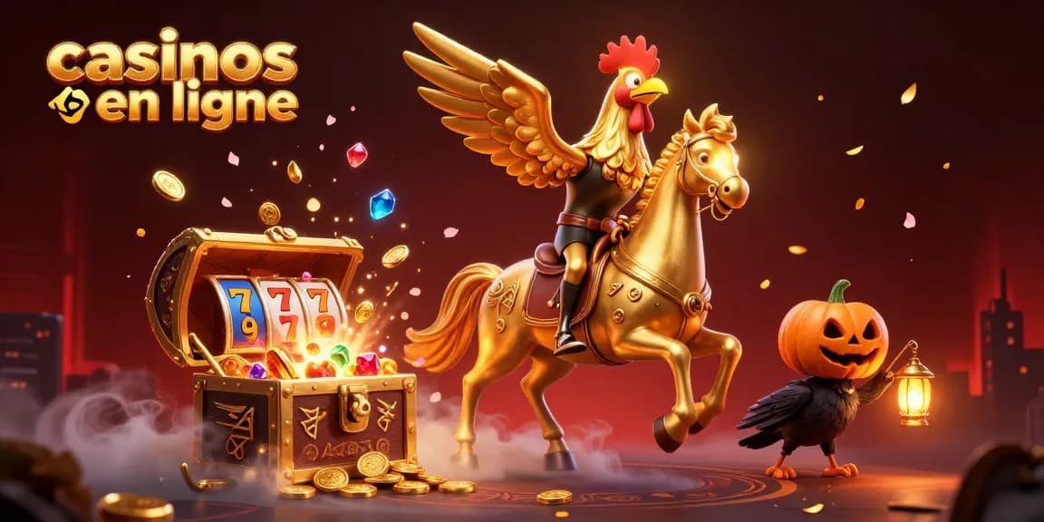 Illustration de casinos en ligne avec un coq doré dans un casino lumineux entouré de trésors et de rouleaux de machines à sous