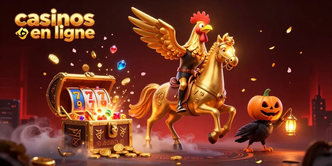 Illustration de casinos en ligne avec un coq doré dans un casino lumineux entouré de trésors et de rouleaux de machines à sous