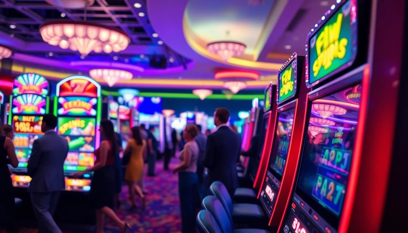 Slot aplikasi yang menarik dengan antarmuka permainan dalam suasana kasino yang semarak.