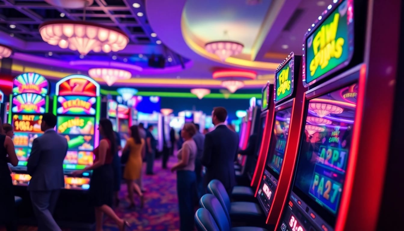 Slot aplikasi yang menarik dengan antarmuka permainan dalam suasana kasino yang semarak.