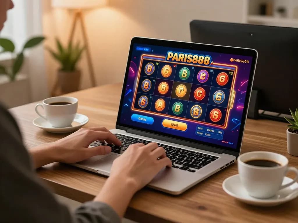 Engaging gameplay on Paris888 casino games with a player focused on online slots interface at home.