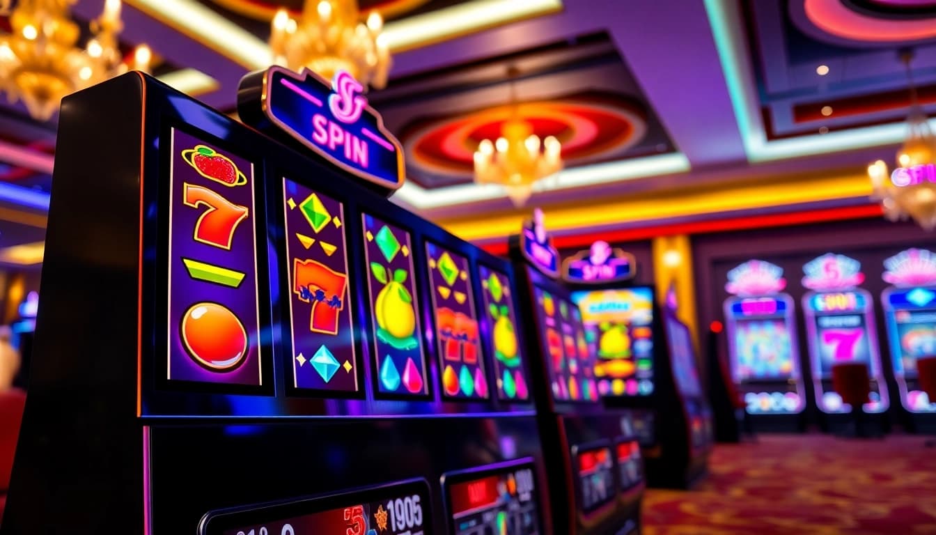 Main game interface for Slot77, showcasing vibrant slot machine reels in a luxurious casino setting.