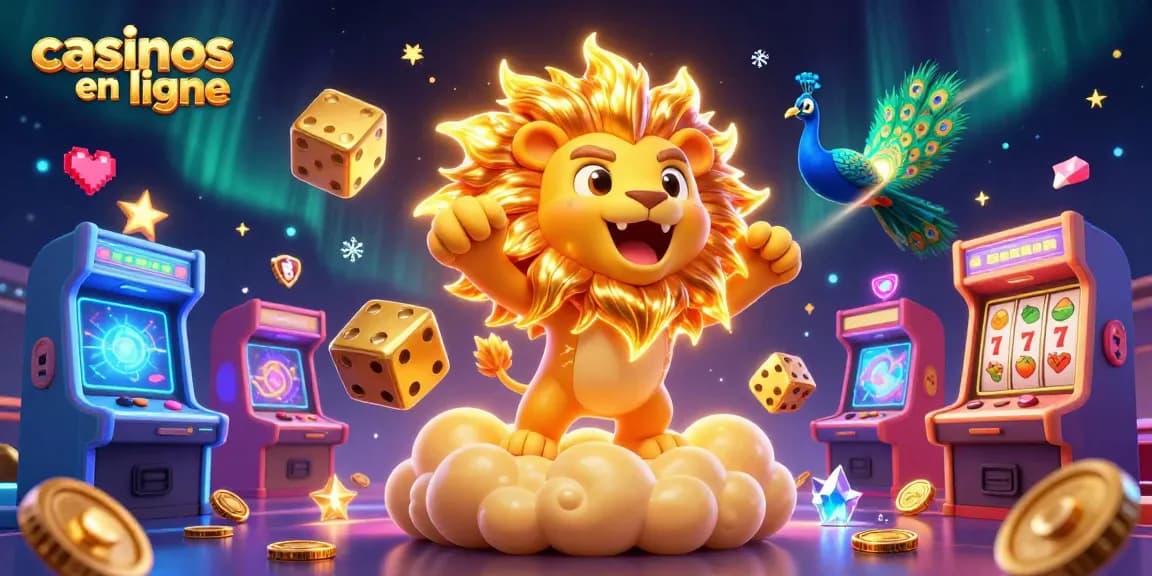 Jouez aux casinos en ligne avec un lion solaire et des éléments de jeux colorés.