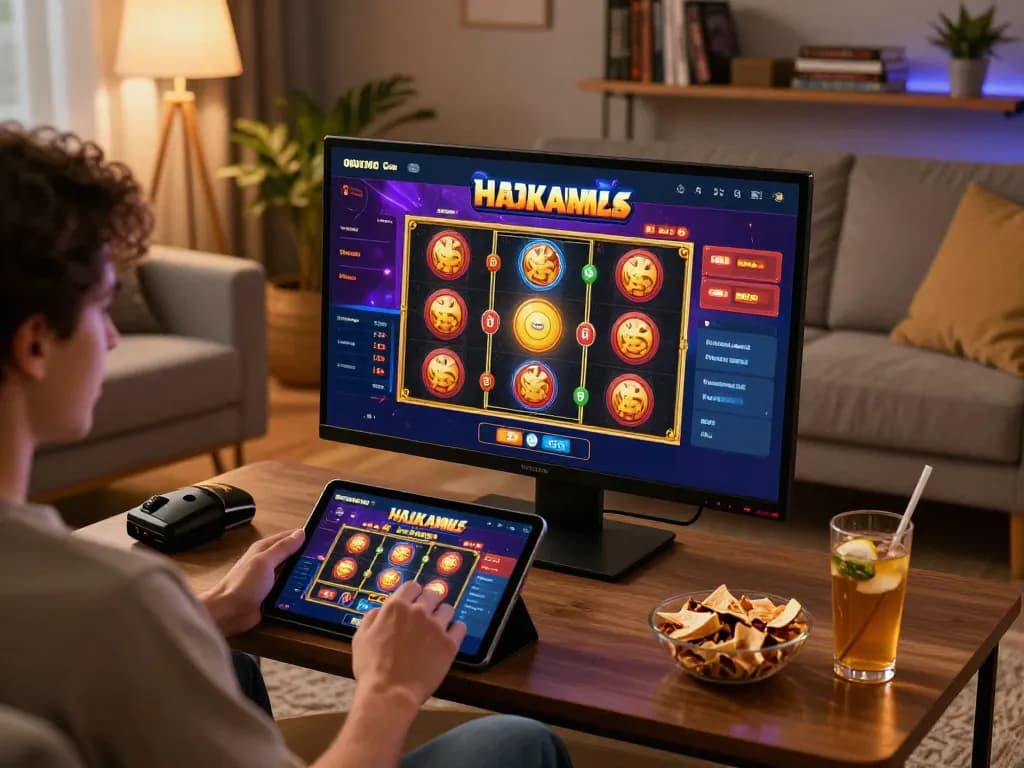 Engaging in link slot gameplay on a tablet amidst a cozy home environment, focusing on strategic entertainment.