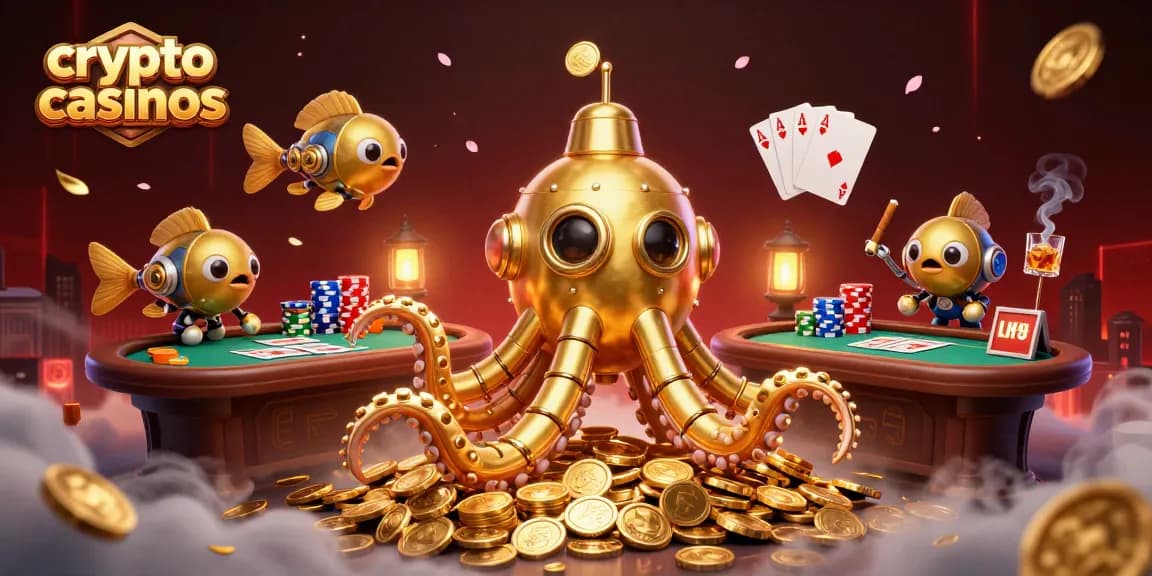 Jouez à des crypto casinos avec un kraken en or et une mer de pièces lumineuses.