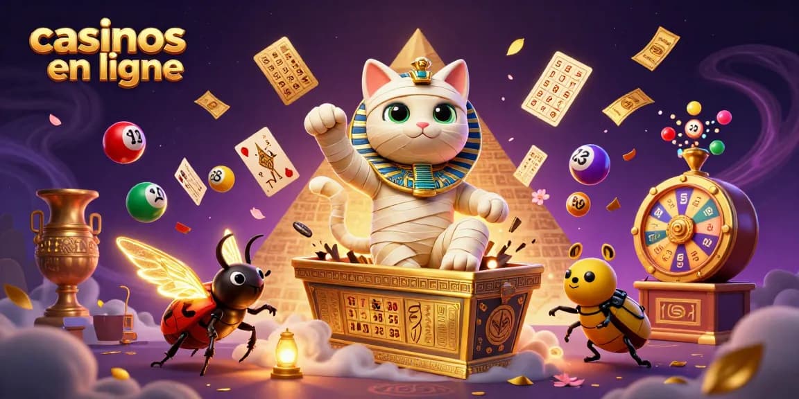Illustration dynamique des casinos en ligne avec un chat momie égyptien, des boules de loto colorées et des symboles anciens.