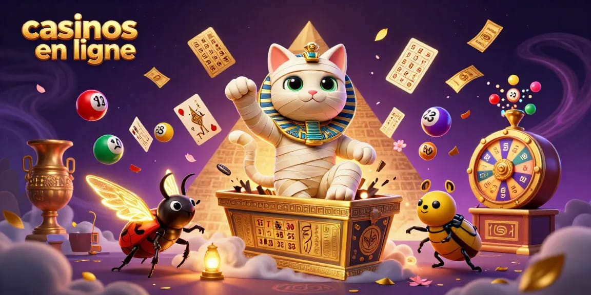 Illustration dynamique des casinos en ligne avec un chat momie égyptien, des boules de loto colorées et des symboles anciens.