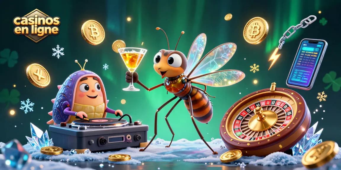 Jouez dans les casinos en ligne avec ce personnage de mouche vivant, ambiance festive et éléments numériques.