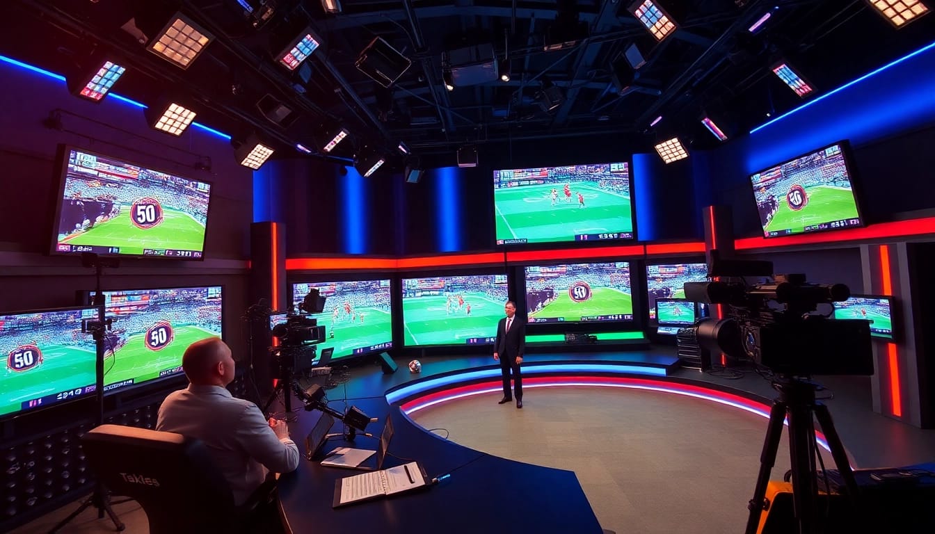 Engaging sports broadcasting studio setup showcasing live sports events and technology.