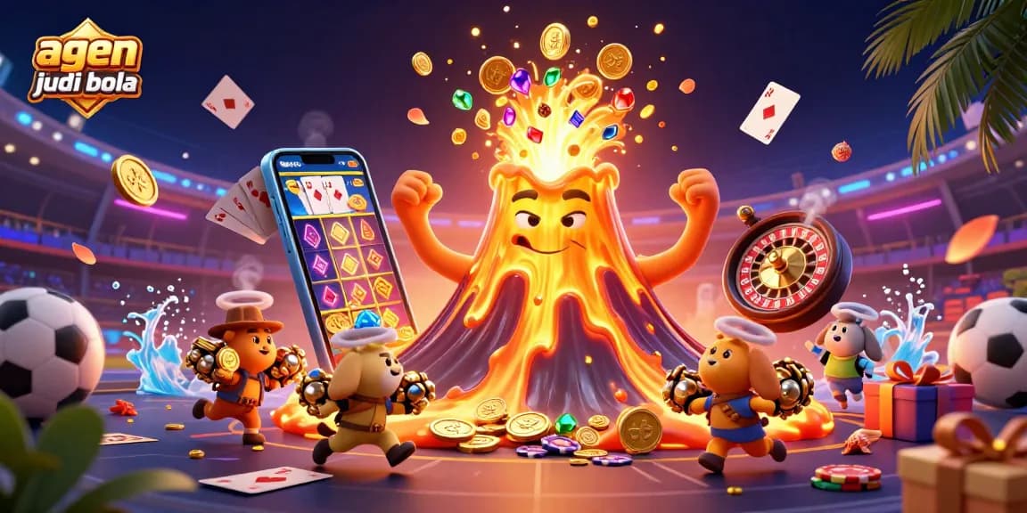 Join the winning excitement with agen judi bola, featuring a golden volcano and vibrant sports elements.