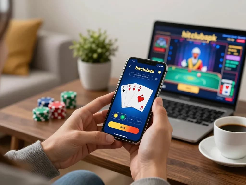 Engage in a thrilling poker game with hitclubapk on your smartphone in a cozy home setting.