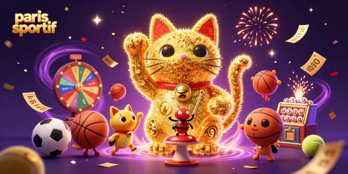 Pariez sur le paris sportif avec des symboles de jeux, un chat chanceux et des effets festifs.