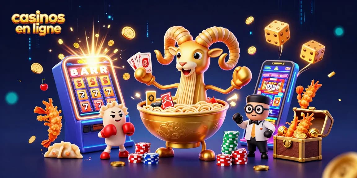 Illustration dynamique de casinos en ligne avec un ramen géant et des personnages amusants.