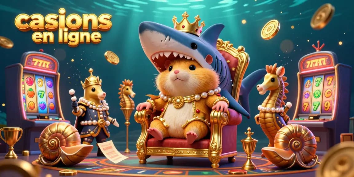 Illustration de casinos en ligne avec un roi hamster doré, gardes hippocampes et machines à sous dynamiques.