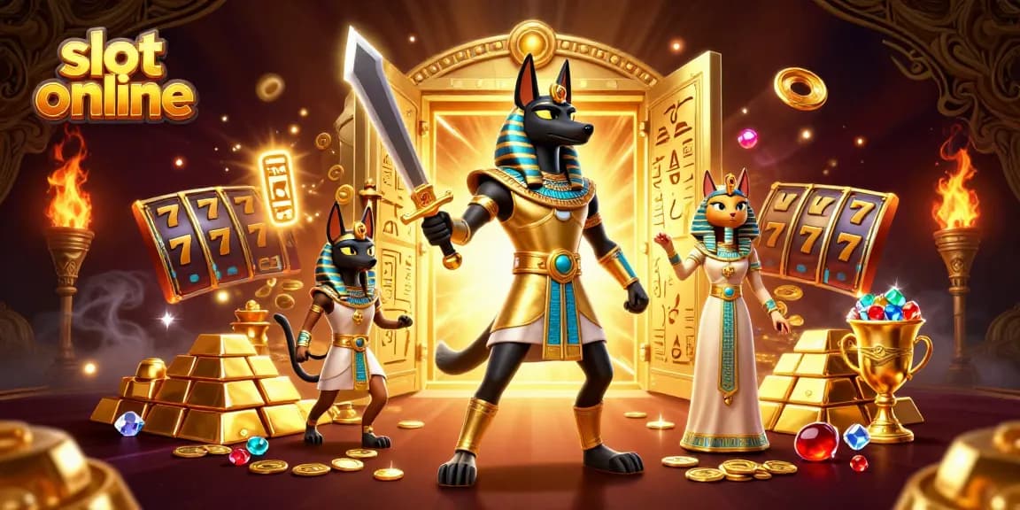 Spin to win at slot online with a captivating 3D depiction of ancient Egyptian warriors among treasures.
