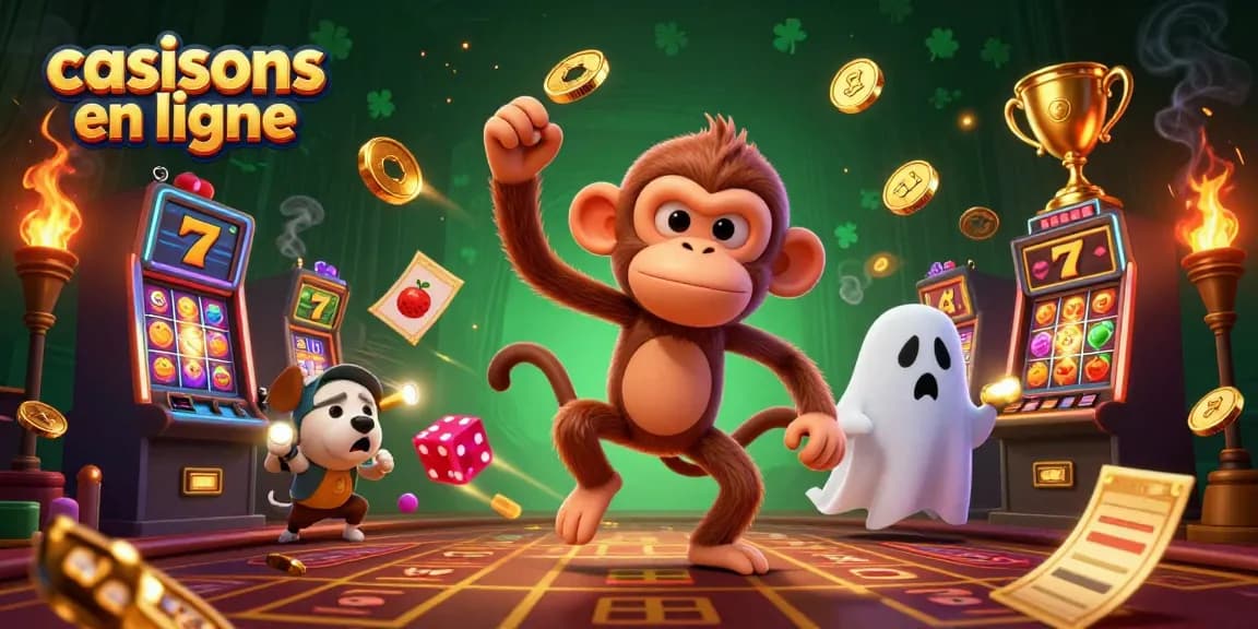 Le poltergeist et le chiot chassent des jackpots dans les casinos en ligne, avec des éléments dorés.