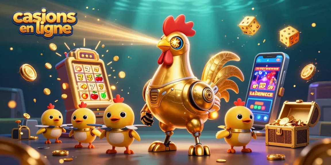 Illustration animée de casinos en ligne avec un robot coq en or et des drones poussins, illustrant l'explosion de jackpots.