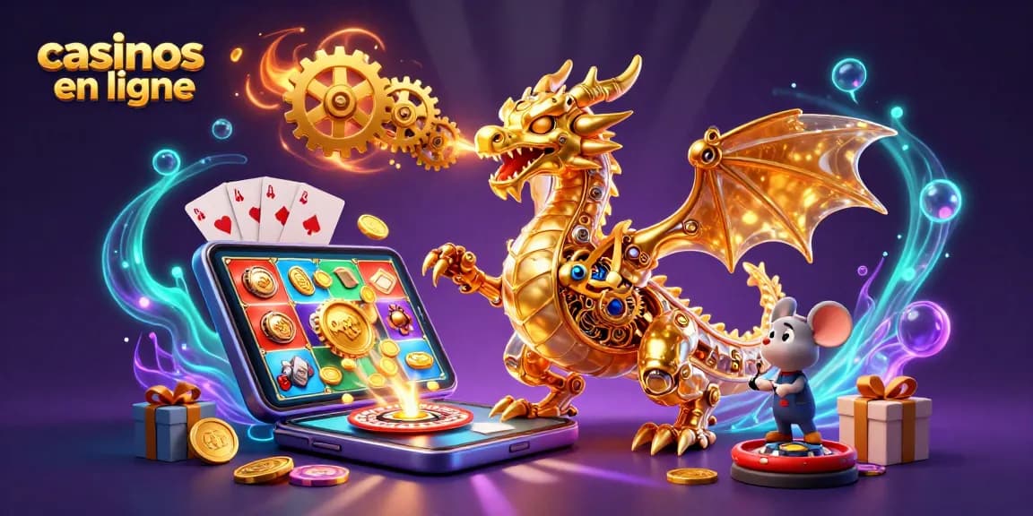 Retrouvez l'univers des casinos en ligne avec un dragon magnifique, des jeux de cartes et des pièces dorées.
