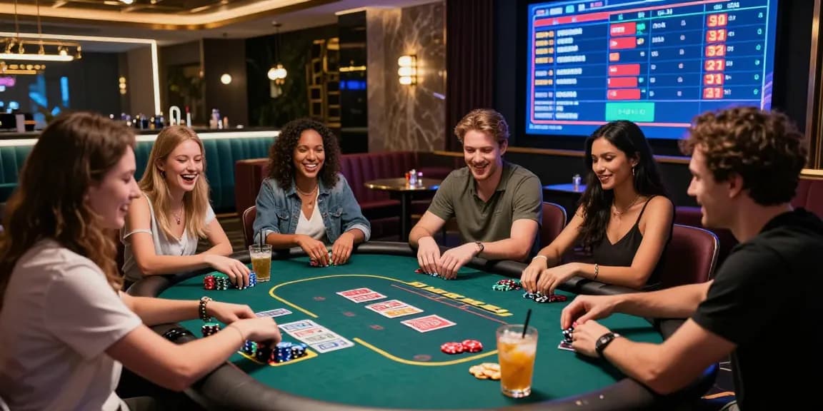 Exciting rokok88 daftar gaming lounge scene with players enjoying a vibrant poker night.