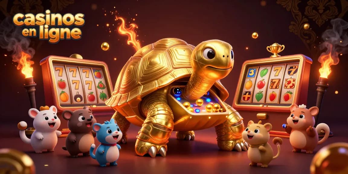 Découvrez l'excitation des casinos en ligne avec notre tortue dorée jouant à des machines à sous captivantes, entourée de symboles de jeu.
