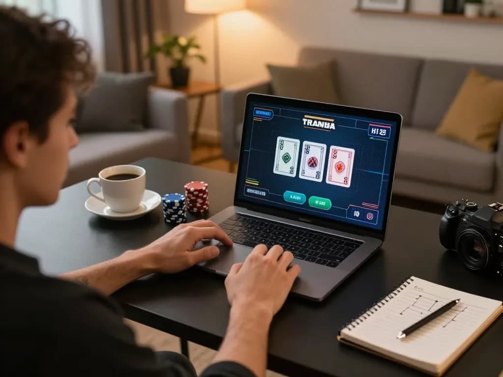 Player engaged in an online poker game at home, showcasing casino stranieri che accettano italiani experience.