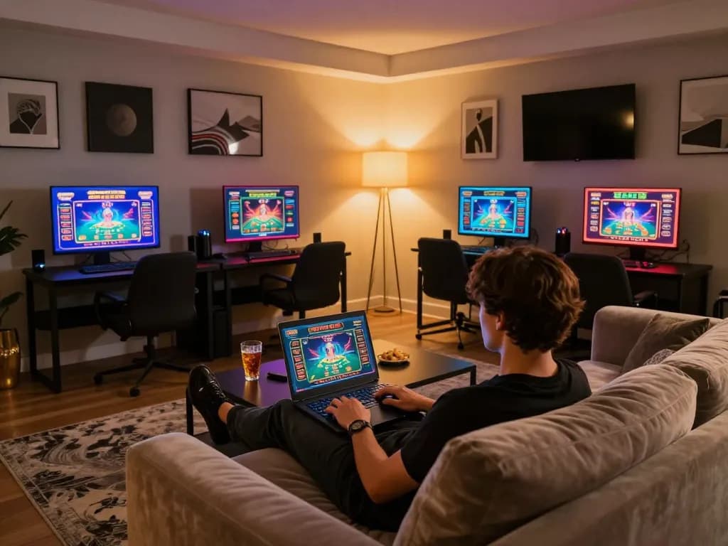 Engaged in casino online stranieri sicuri gaming on a laptop in a cozy living room.