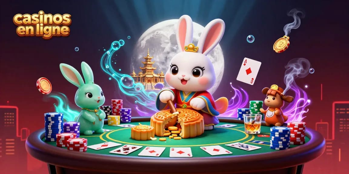 Illustration dynamique pour casinos en ligne avec un lapin de lune et des jetons de poker