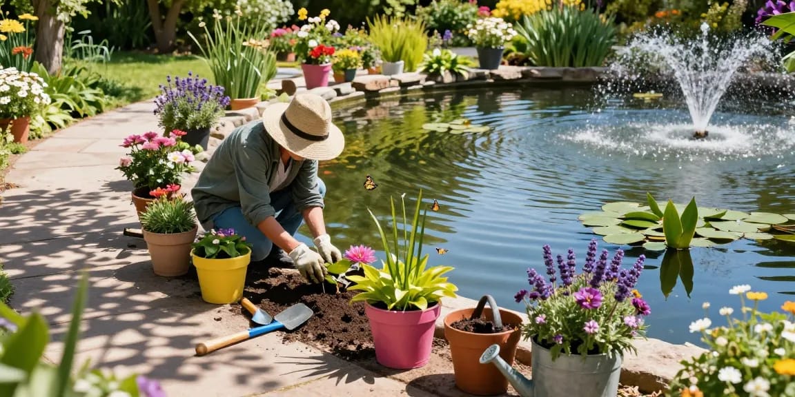 Buy Pond Plants Online in a serene garden scene with a gardener planting aquatic plants in a vibrant pond.