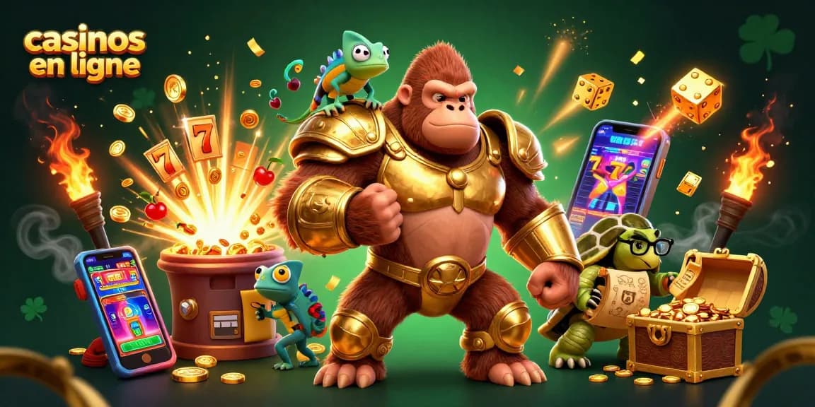 Casinos en ligne : Illustrationen dynamique d'un roi gorille en armure avec un caméléon et une tortue, entourés de machines à sous.