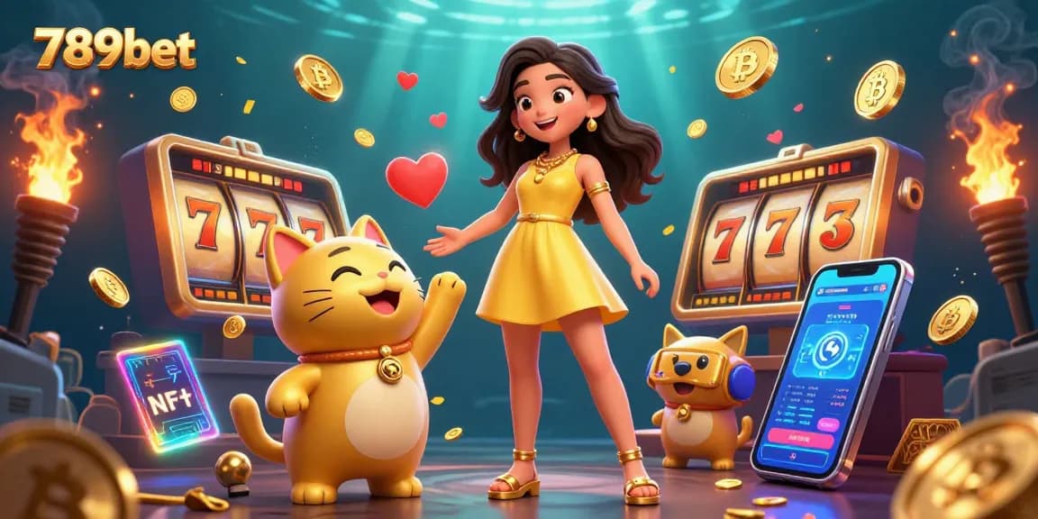 Experience thrilling gaming at 789bet with a joyful woman and golden lucky cat surrounded by vibrant casino symbols.