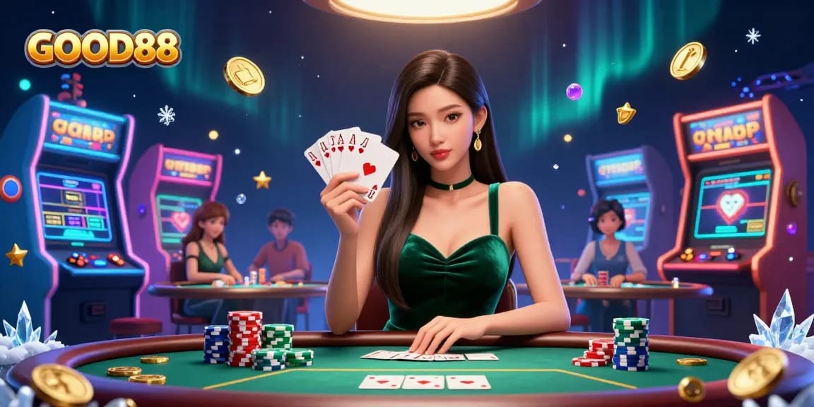 Engage in immersive gameplay at GOOD88 with a stunning poker scene featuring vibrant game elements.
