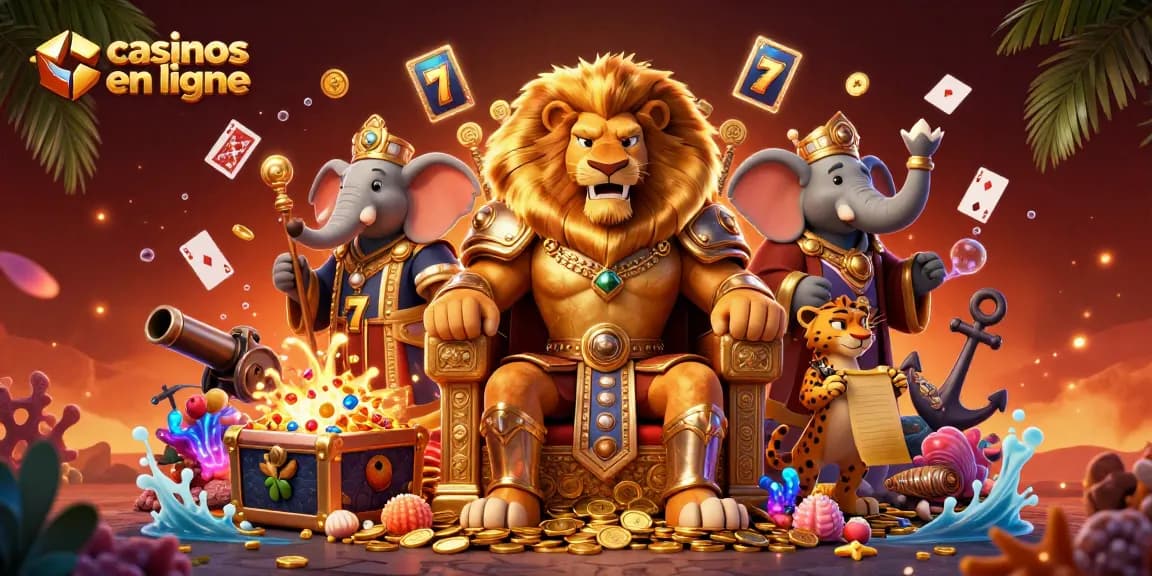 Illustration dynamique représentant des jeux de casinos en ligne avec le roi lion, l'éléphant conseiller et le guépard messager.