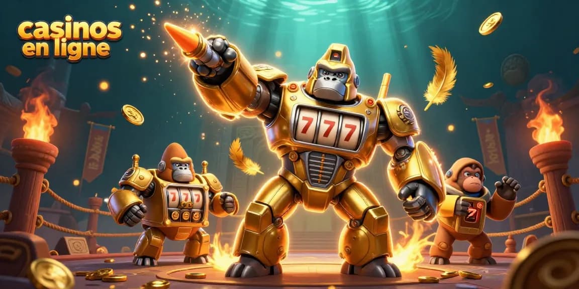 Découvrez l'univers des casinos en ligne avec un gorille mech d'or et des effets de feu.