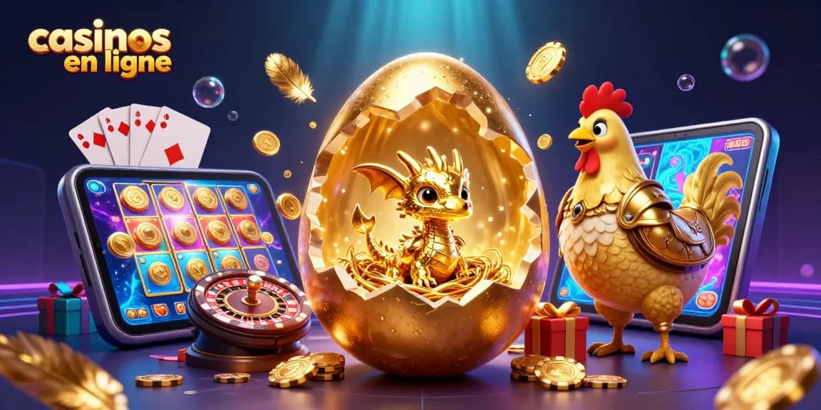 Visualisez des casinos en ligne avec un bébé dragon doré sur des jetons de poker.
