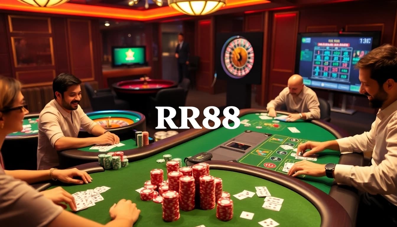 RR88 gaming experience with poker tables, joyful players, and vibrant casino atmosphere.
