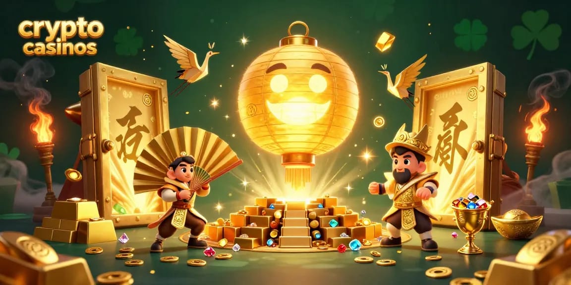 Jouez dans les crypto casinos avec cette illustration animée de lanternes dorées et de trésors scintillants.