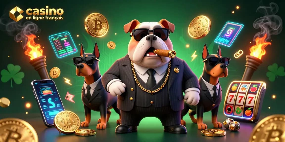 Illustration captivante de casino en ligne français avec un bulldog mafieux et des éléments de jeu.